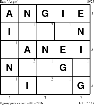 The grouppuzzles.com Easy Angie puzzle for Wednesday August 12, 2026 with all 2 steps marked