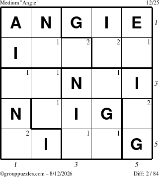 The grouppuzzles.com Medium Angie puzzle for Wednesday August 12, 2026, suitable for printing, with all 2 steps marked