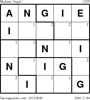 The grouppuzzles.com Medium Angie puzzle for Wednesday August 12, 2026 with the first 2 steps marked