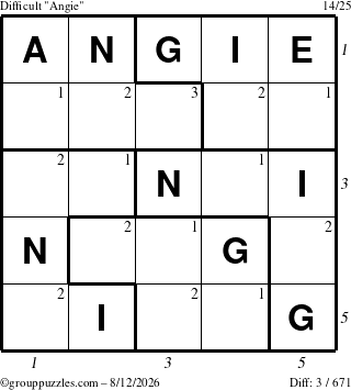 The grouppuzzles.com Difficult Angie puzzle for Wednesday August 12, 2026 with all 3 steps marked