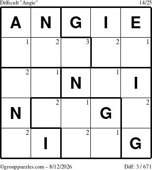 The grouppuzzles.com Difficult Angie puzzle for Wednesday August 12, 2026 with the first 3 steps marked