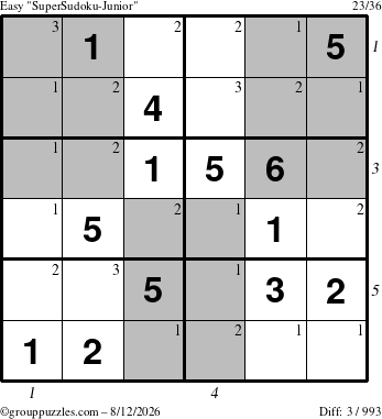 The grouppuzzles.com Easy SuperSudoku-Junior puzzle for Wednesday August 12, 2026, suitable for printing, with all 3 steps marked