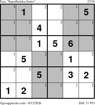 The grouppuzzles.com Easy SuperSudoku-Junior puzzle for Wednesday August 12, 2026 with the first 3 steps marked