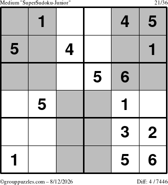 The grouppuzzles.com Medium SuperSudoku-Junior puzzle for Wednesday August 12, 2026