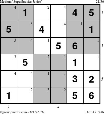 The grouppuzzles.com Medium SuperSudoku-Junior puzzle for Wednesday August 12, 2026 with all 4 steps marked