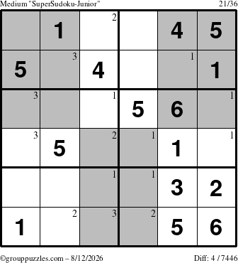 The grouppuzzles.com Medium SuperSudoku-Junior puzzle for Wednesday August 12, 2026 with the first 3 steps marked