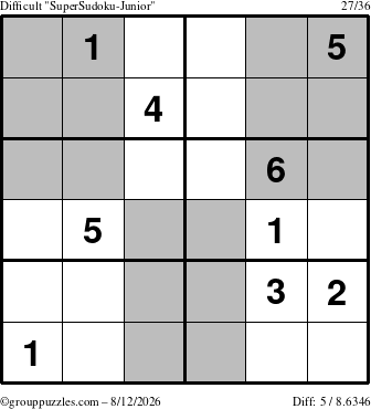 The grouppuzzles.com Difficult SuperSudoku-Junior puzzle for Wednesday August 12, 2026