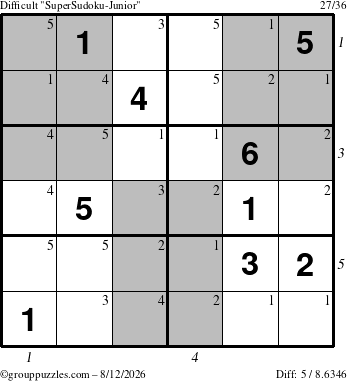 The grouppuzzles.com Difficult SuperSudoku-Junior puzzle for Wednesday August 12, 2026 with all 5 steps marked