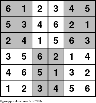 The grouppuzzles.com Answer grid for the SuperSudoku-Junior puzzle for Wednesday August 12, 2026