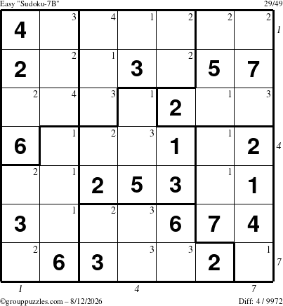 The grouppuzzles.com Easy Sudoku-7B puzzle for Wednesday August 12, 2026 with all 4 steps marked