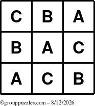 The grouppuzzles.com Answer grid for the TicTac-ABC puzzle for Wednesday August 12, 2026