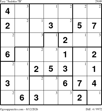 The grouppuzzles.com Easy Sudoku-7B puzzle for Wednesday August 12, 2026 with the first 3 steps marked