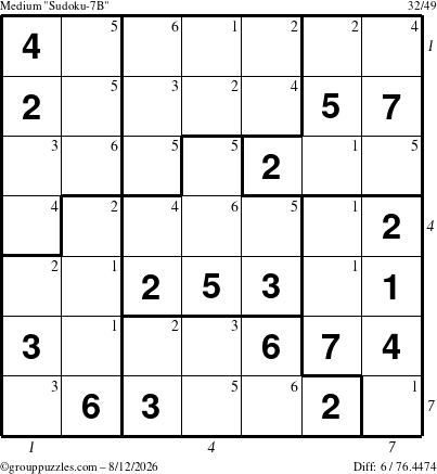 The grouppuzzles.com Medium Sudoku-7B puzzle for Wednesday August 12, 2026, suitable for printing, with all 6 steps marked
