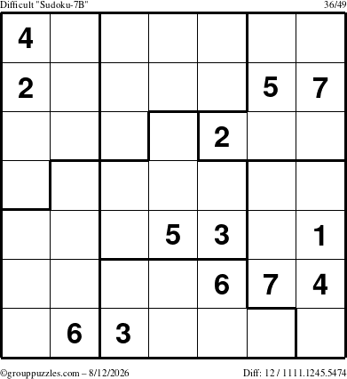 The grouppuzzles.com Difficult Sudoku-7B puzzle for Wednesday August 12, 2026