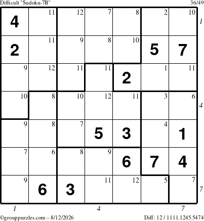 The grouppuzzles.com Difficult Sudoku-7B puzzle for Wednesday August 12, 2026 with all 12 steps marked