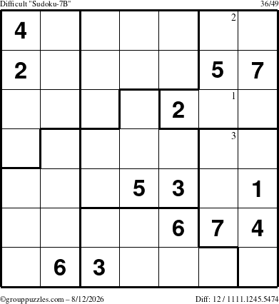 The grouppuzzles.com Difficult Sudoku-7B puzzle for Wednesday August 12, 2026 with the first 3 steps marked