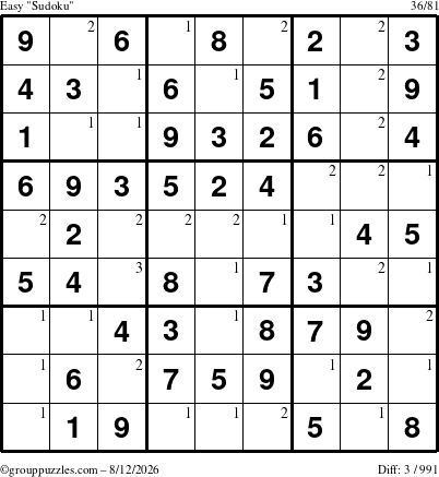 The grouppuzzles.com Easy Sudoku puzzle for Wednesday August 12, 2026 with the first 3 steps marked