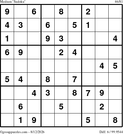 The grouppuzzles.com Medium Sudoku puzzle for Wednesday August 12, 2026
