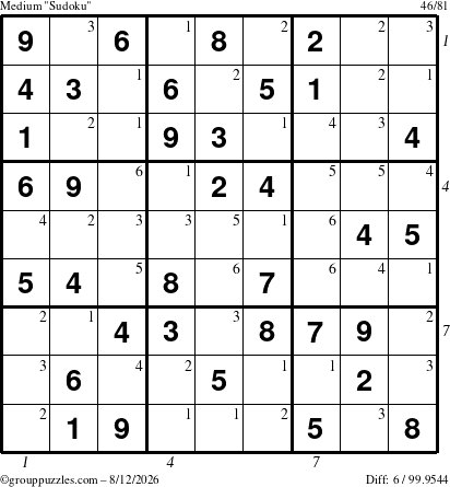 The grouppuzzles.com Medium Sudoku puzzle for Wednesday August 12, 2026 with all 6 steps marked