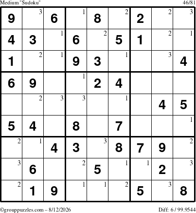 The grouppuzzles.com Medium Sudoku puzzle for Wednesday August 12, 2026 with the first 3 steps marked