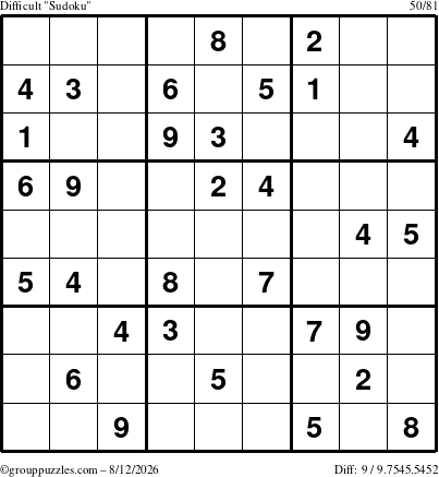 The grouppuzzles.com Difficult Sudoku puzzle for Wednesday August 12, 2026