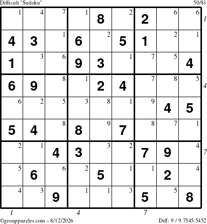 The grouppuzzles.com Difficult Sudoku puzzle for Wednesday August 12, 2026 with all 9 steps marked