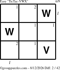 The grouppuzzles.com Easy TicTac-VWX puzzle for Wednesday August 12, 2026 with all 2 steps marked