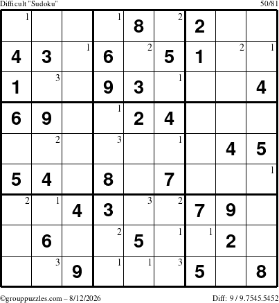 The grouppuzzles.com Difficult Sudoku puzzle for Wednesday August 12, 2026 with the first 3 steps marked