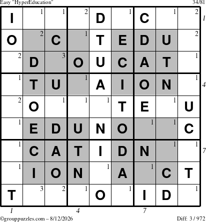 The grouppuzzles.com Easy HyperEducation-i23 puzzle for Wednesday August 12, 2026 with all 3 steps marked
