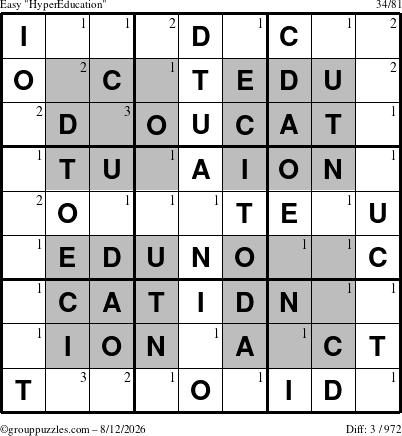 The grouppuzzles.com Easy HyperEducation-i23 puzzle for Wednesday August 12, 2026 with the first 3 steps marked