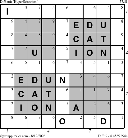 The grouppuzzles.com Difficult HyperEducation-i23 puzzle for Wednesday August 12, 2026 with all 9 steps marked