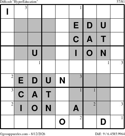 The grouppuzzles.com Difficult HyperEducation-i23 puzzle for Wednesday August 12, 2026 with the first 3 steps marked