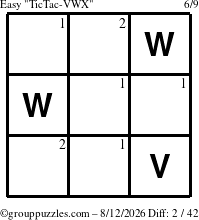 The grouppuzzles.com Easy TicTac-VWX puzzle for Wednesday August 12, 2026 with the first 2 steps marked