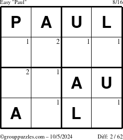 The grouppuzzles.com Easy Paul puzzle for Saturday October 5, 2024 with the first 2 steps marked