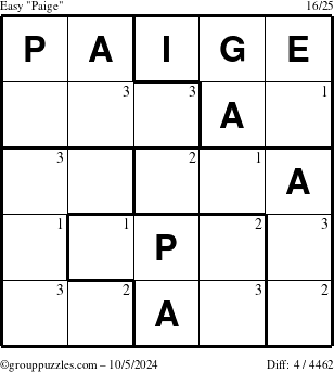 The grouppuzzles.com Easy Paige puzzle for Saturday October 5, 2024 with the first 3 steps marked