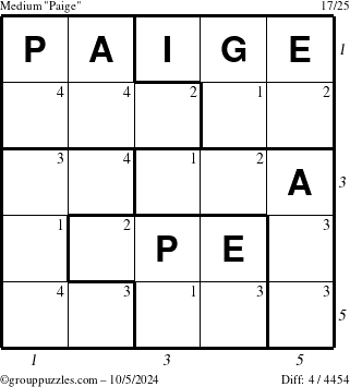 The grouppuzzles.com Medium Paige puzzle for Saturday October 5, 2024 with all 4 steps marked