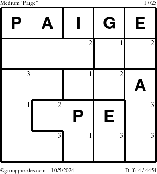 The grouppuzzles.com Medium Paige puzzle for Saturday October 5, 2024 with the first 3 steps marked