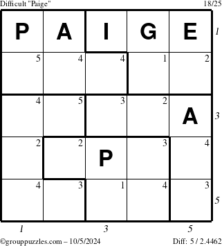 The grouppuzzles.com Difficult Paige puzzle for Saturday October 5, 2024 with all 5 steps marked