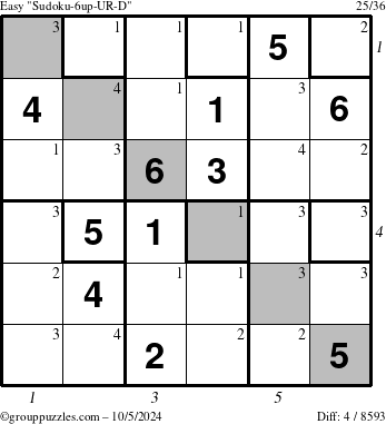 The grouppuzzles.com Easy Sudoku-6up-UR-D puzzle for Saturday October 5, 2024 with all 4 steps marked