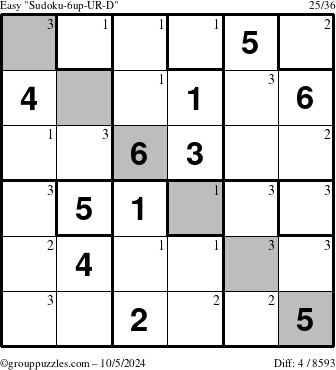 The grouppuzzles.com Easy Sudoku-6up-UR-D puzzle for Saturday October 5, 2024 with the first 3 steps marked