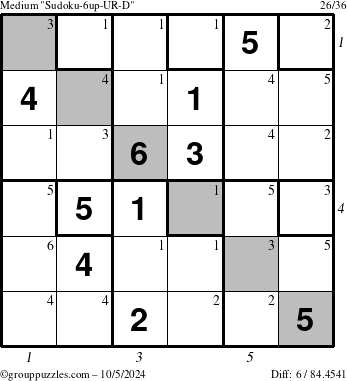 The grouppuzzles.com Medium Sudoku-6up-UR-D puzzle for Saturday October 5, 2024, suitable for printing, with all 6 steps marked