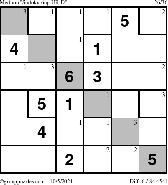 The grouppuzzles.com Medium Sudoku-6up-UR-D puzzle for Saturday October 5, 2024 with the first 3 steps marked