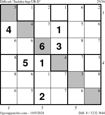 The grouppuzzles.com Difficult Sudoku-6up-UR-D puzzle for Saturday October 5, 2024 with all 8 steps marked