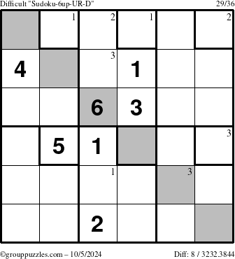 The grouppuzzles.com Difficult Sudoku-6up-UR-D puzzle for Saturday October 5, 2024 with the first 3 steps marked