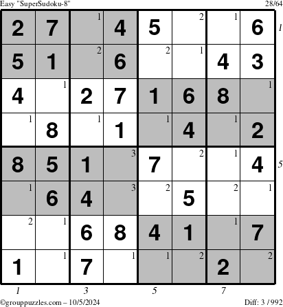 The grouppuzzles.com Easy SuperSudoku-8 puzzle for Saturday October 5, 2024, suitable for printing, with all 3 steps marked