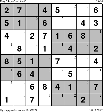 The grouppuzzles.com Easy SuperSudoku-8 puzzle for Saturday October 5, 2024 with the first 3 steps marked