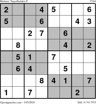 The grouppuzzles.com Medium SuperSudoku-8 puzzle for Saturday October 5, 2024