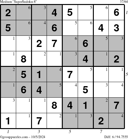 The grouppuzzles.com Medium SuperSudoku-8 puzzle for Saturday October 5, 2024 with all 6 steps marked