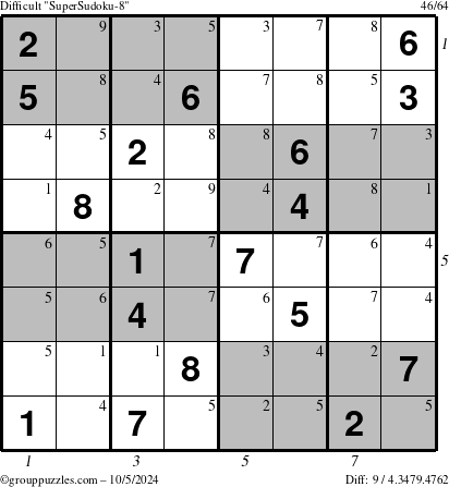 The grouppuzzles.com Difficult SuperSudoku-8 puzzle for Saturday October 5, 2024 with all 9 steps marked