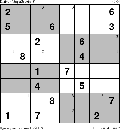 The grouppuzzles.com Difficult SuperSudoku-8 puzzle for Saturday October 5, 2024 with the first 3 steps marked